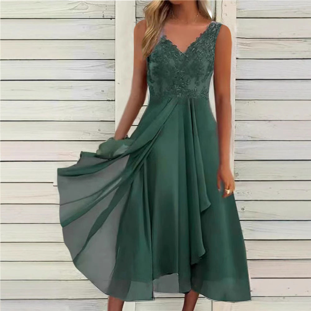 Women's Elegant Evening Midi Dress with Embroidered Lace Bodice, Draped Waist, and Flowing Layered Skirt