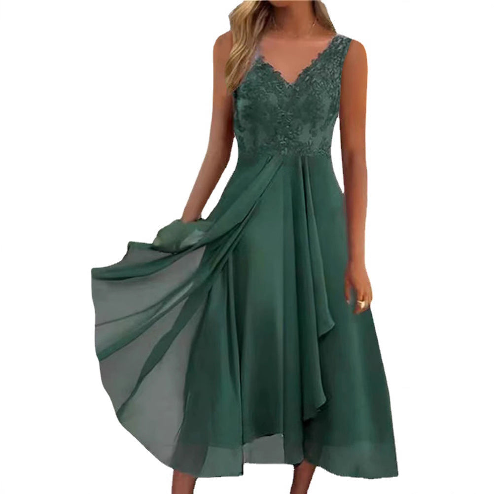 Women's Elegant Evening Midi Dress with Embroidered Lace Bodice, Draped Waist, and Flowing Layered Skirt
