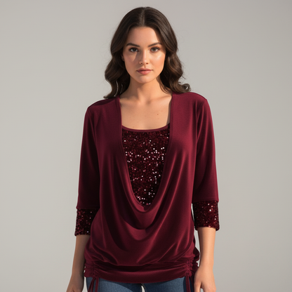 Women's Elegant Figure-Flattering Sequin Long-Sleeve Blouse