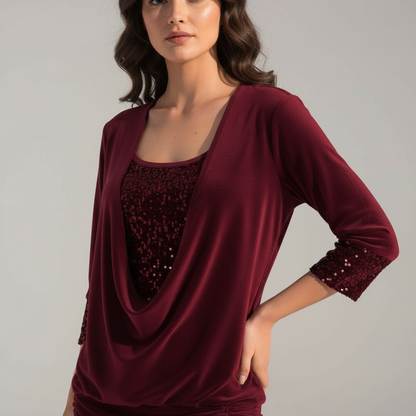 Women's Elegant Figure-Flattering Sequin Long-Sleeve Blouse