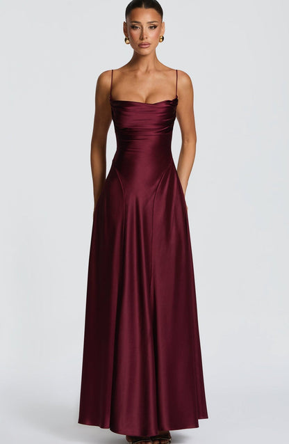 Women's Elegant Maxi Dress with Refined Spaghetti Straps and Flowing Satin