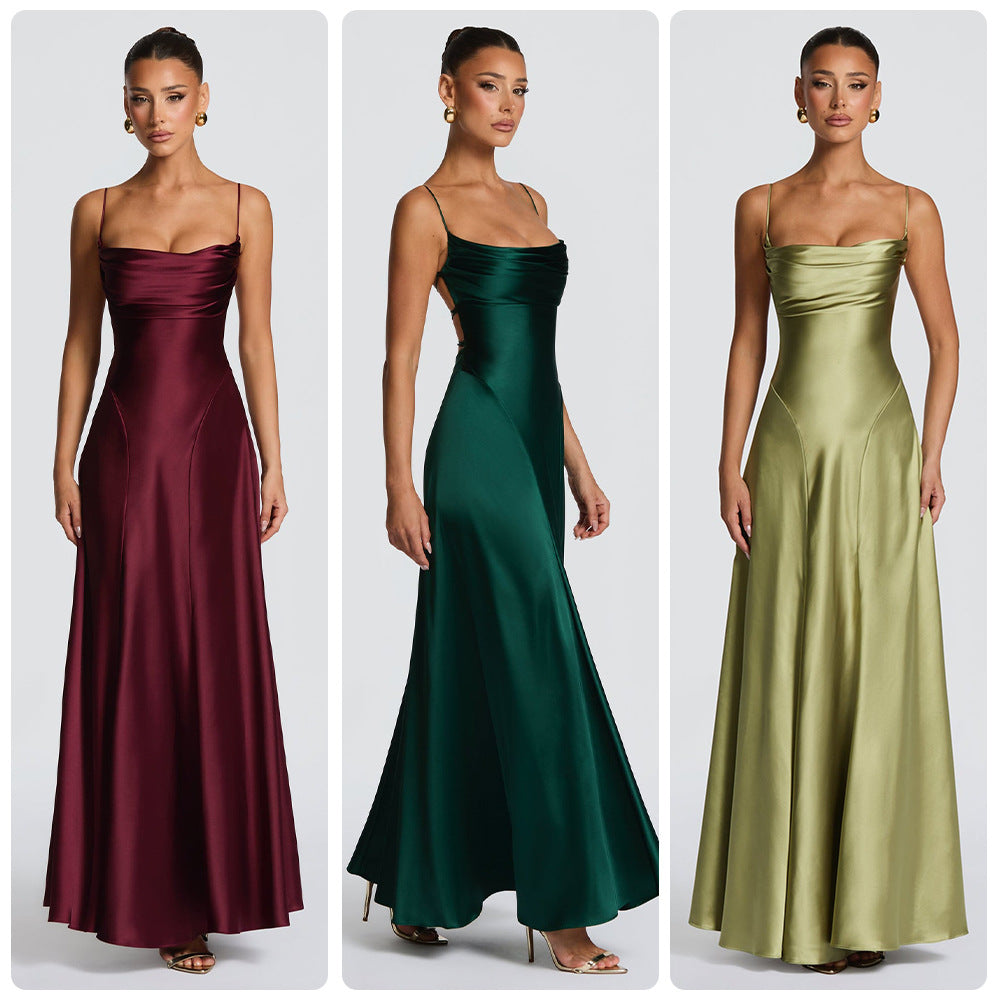 Women's Elegant Maxi Dress with Refined Spaghetti Straps and Flowing Satin