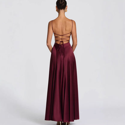 Women's Elegant Maxi Dress with Refined Spaghetti Straps and Flowing Satin