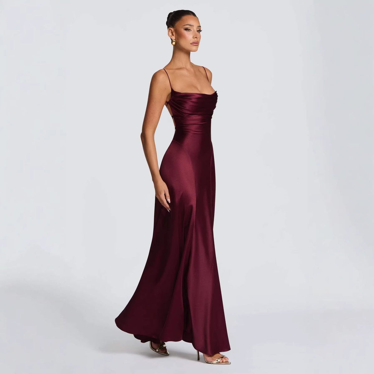 Women's Elegant Maxi Dress with Refined Spaghetti Straps and Flowing Satin