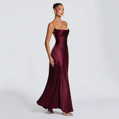 Women's Elegant Maxi Dress with Refined Spaghetti Straps and Flowing Satin