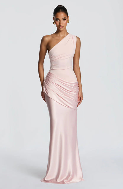 Women's Elegant One-Shoulder Maxi Dress with Refined Draped Details