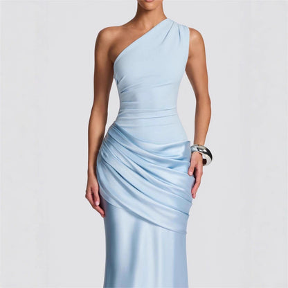 Women's Elegant One-Shoulder Maxi Dress with Refined Draped Details