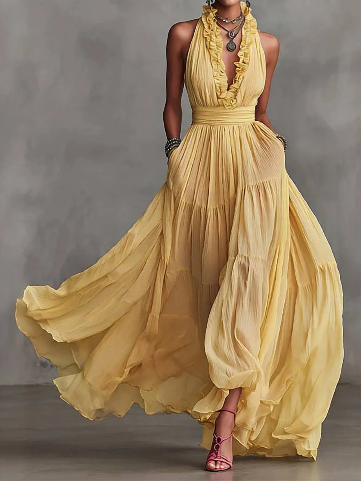 Women's Elegant Ruffle-Trim Backless Evening Maxi Dress