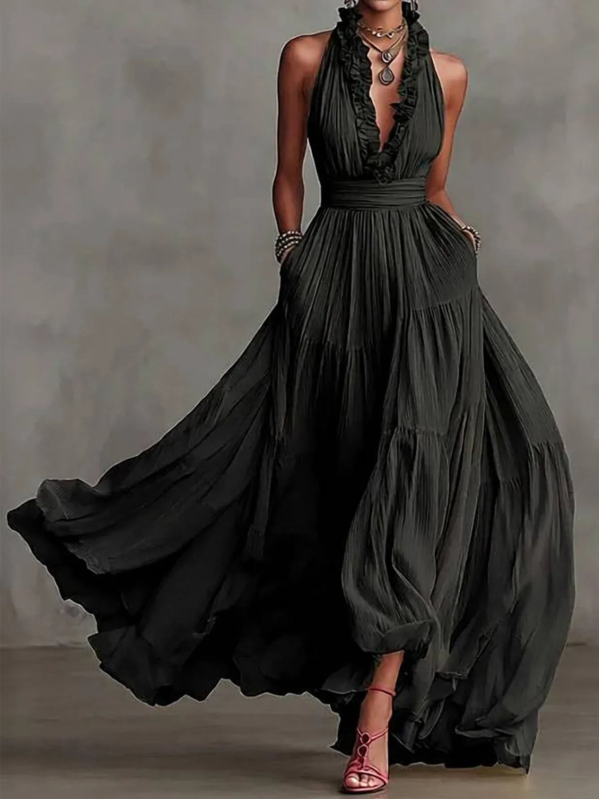 Women's Elegant Ruffle-Trim Backless Evening Maxi Dress