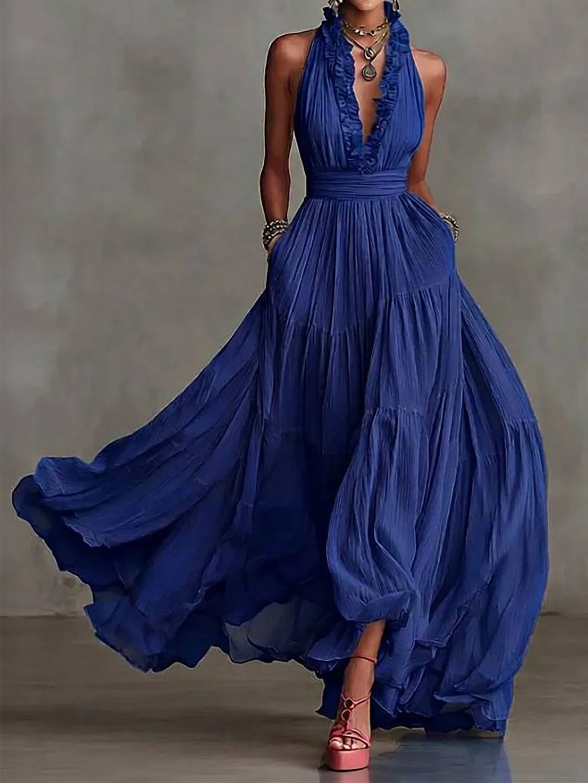 Women's Elegant Ruffle-Trim Backless Evening Maxi Dress
