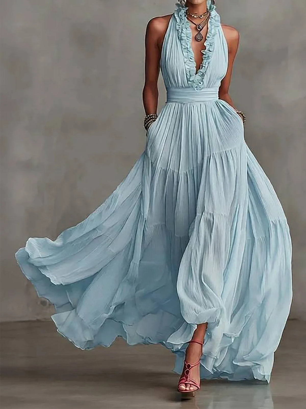 Women's Elegant Ruffle-Trim Backless Evening Maxi Dress