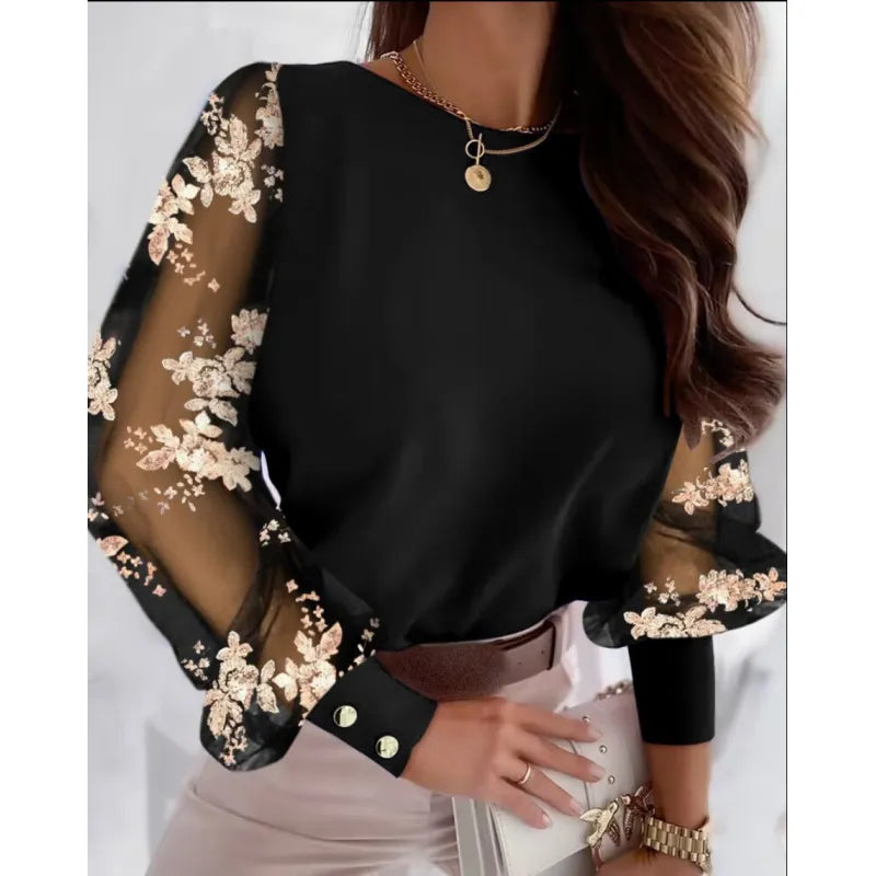 Women's Elegant Sheer Sleeve Appliqué Blouse
