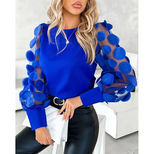 Women's Elegant Sheer Sleeve Appliqué Blouse