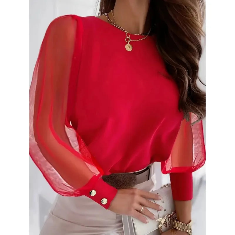 Women's Elegant Sheer Sleeve Appliqué Blouse