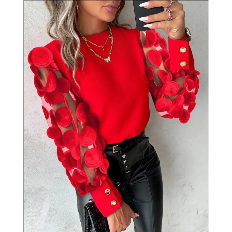 Women's Elegant Sheer Sleeve Appliqué Blouse