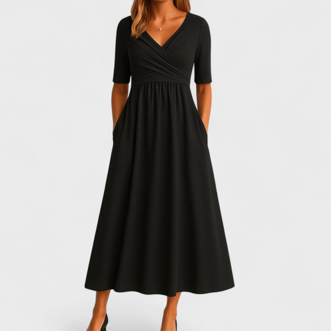 Women's Elegant V-Neck Midi Dress with Crossover Waist