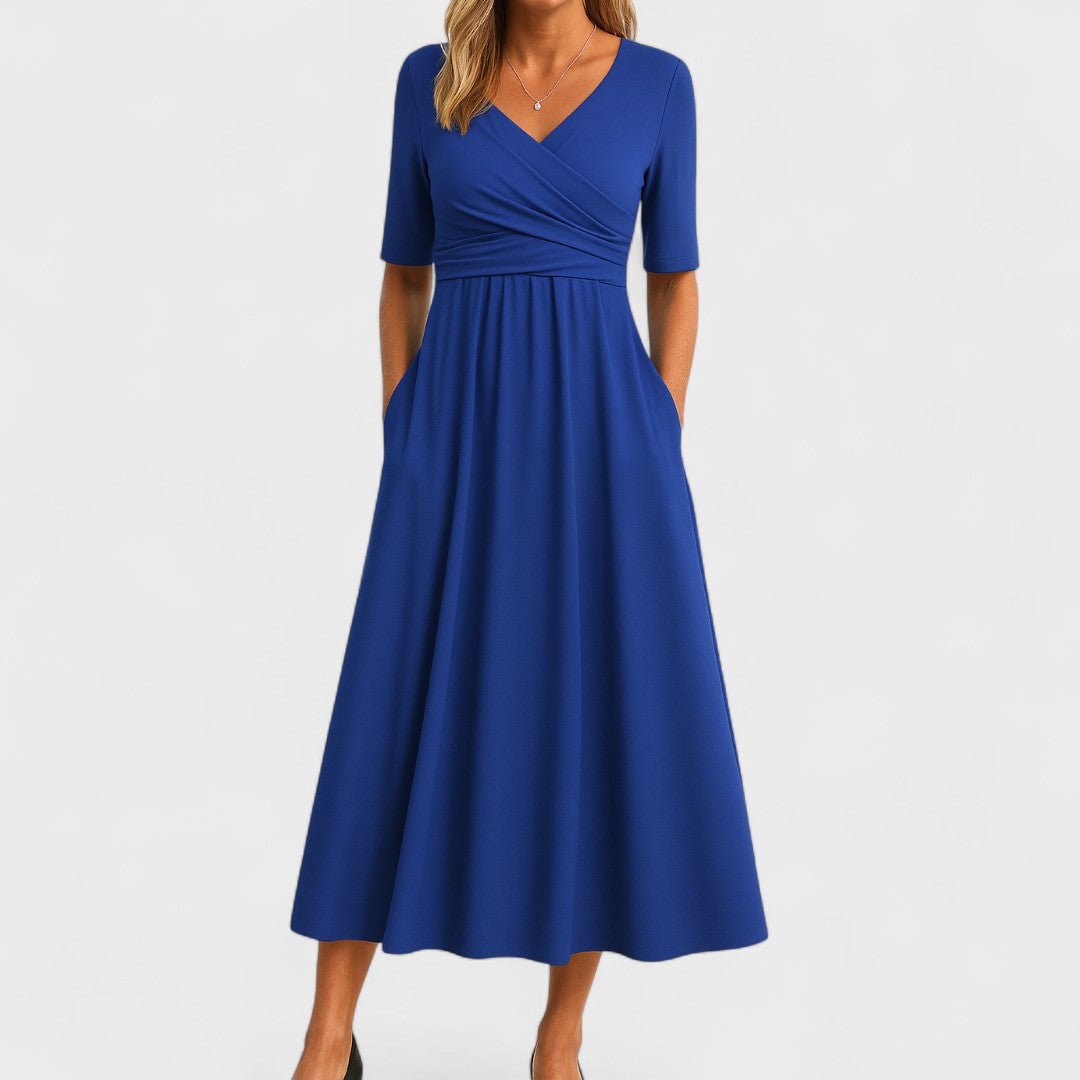 Women's Elegant V-Neck Midi Dress with Crossover Waist