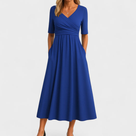 Women's Elegant V-Neck Midi Dress with Crossover Waist