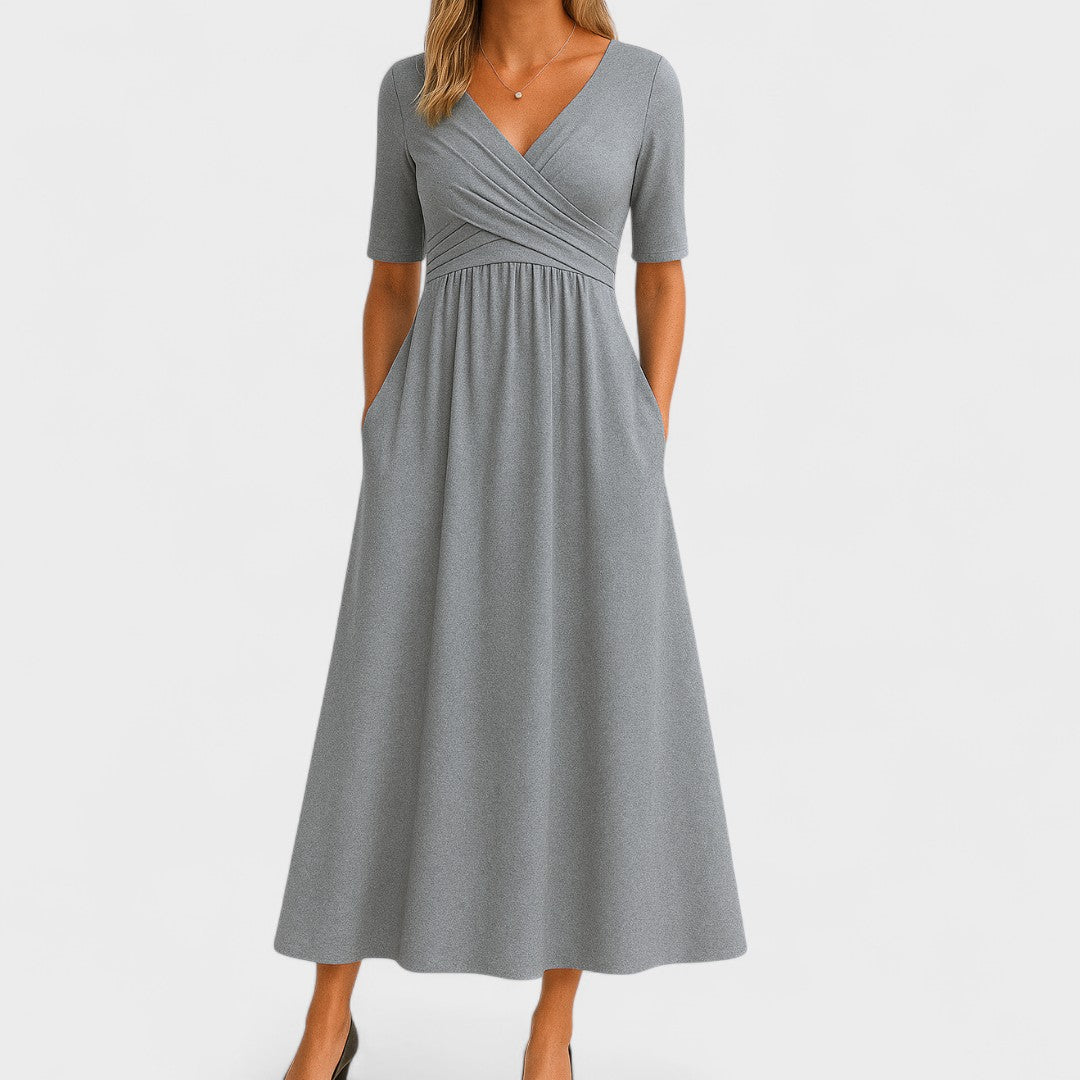 Women's Elegant V-Neck Midi Dress with Crossover Waist
