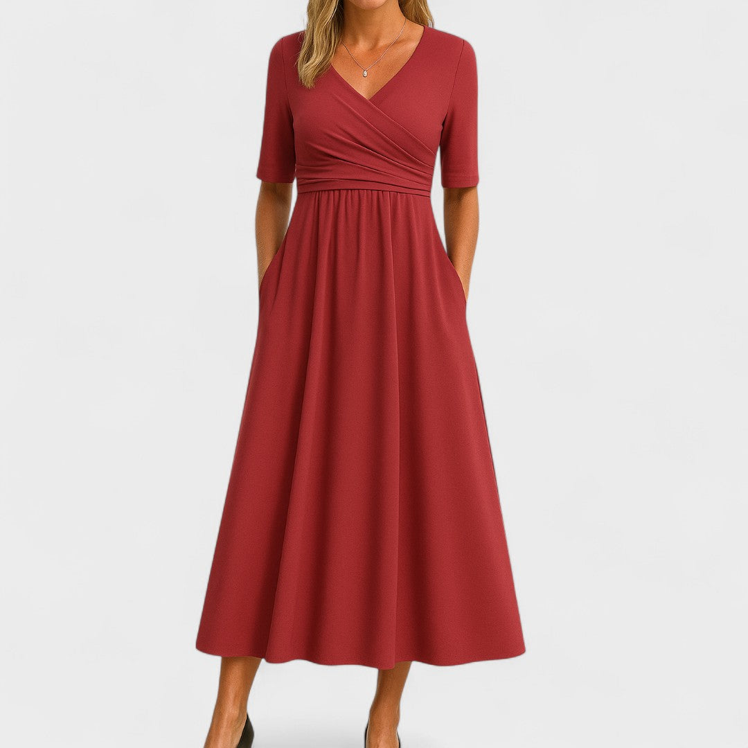 Women's Elegant V-Neck Midi Dress with Crossover Waist
