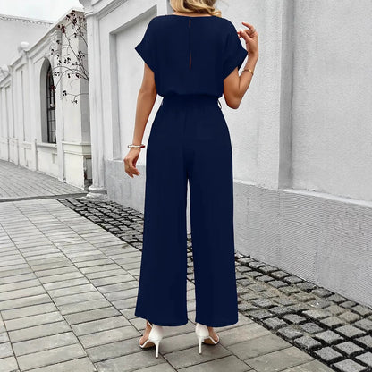 Women's Elegant Wide-Leg Jumpsuit with Tie Waist and Pockets