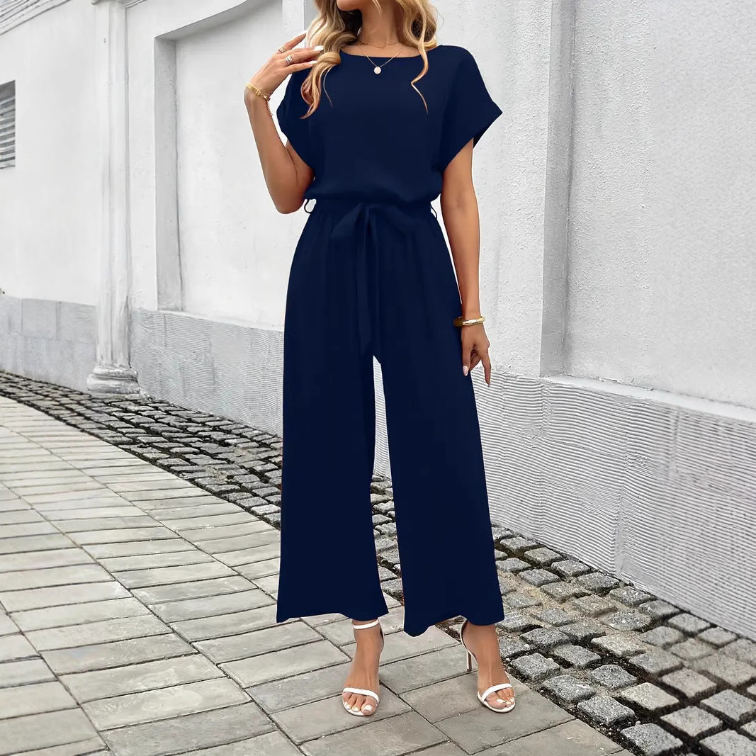 Women's Elegant Wide-Leg Jumpsuit with Tie Waist and Pockets