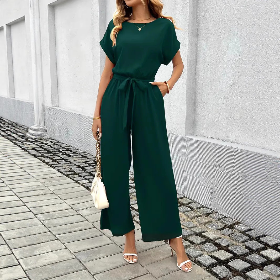 Women's Elegant Wide-Leg Jumpsuit with Tie Waist and Pockets