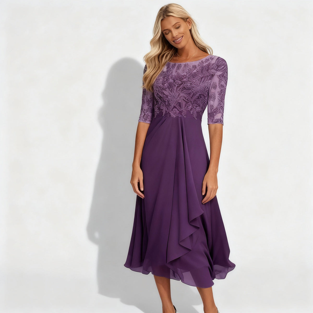 Women's Feminine Chiffon Midi Dress with Flowing Drape