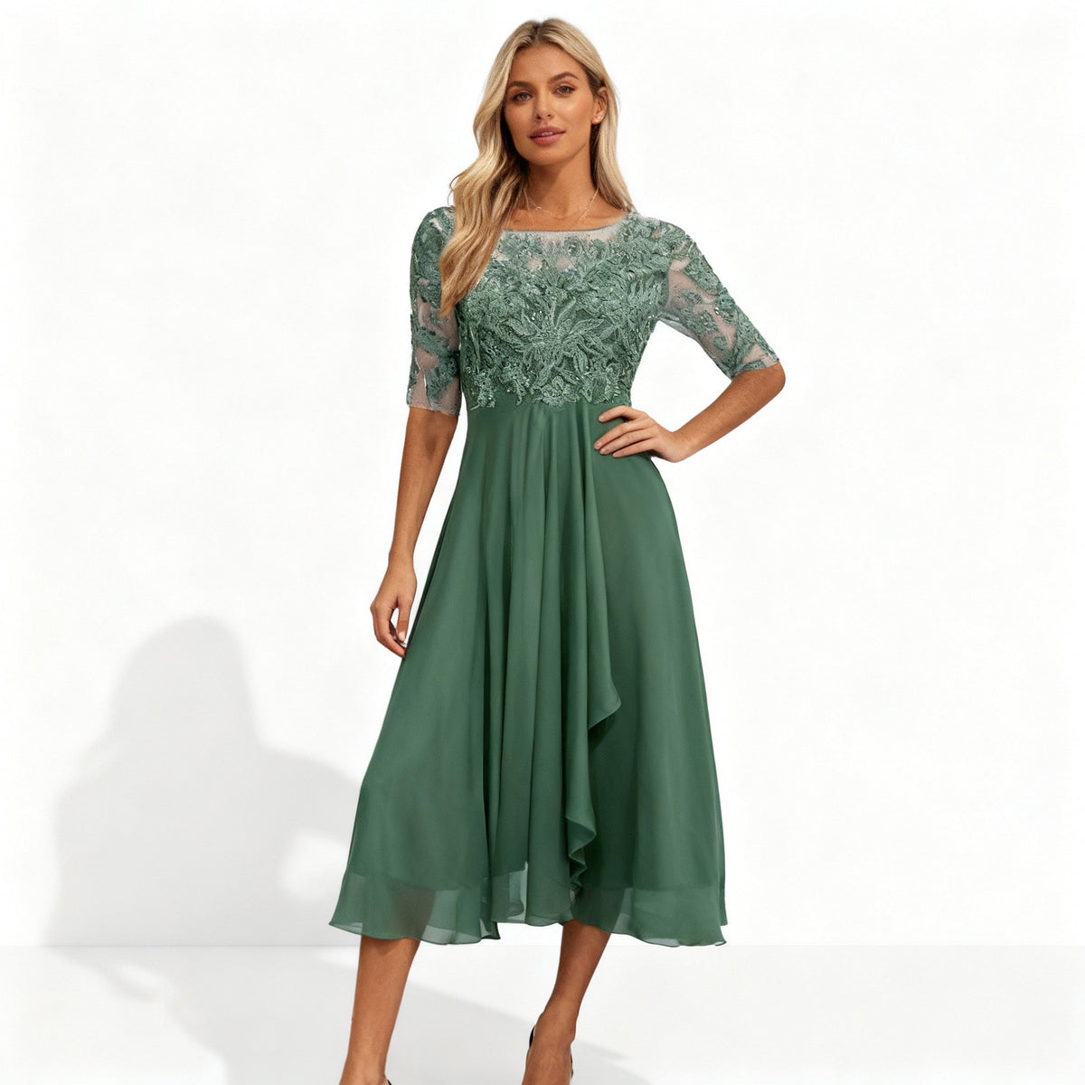 Women's Feminine Chiffon Midi Dress with Flowing Drape
