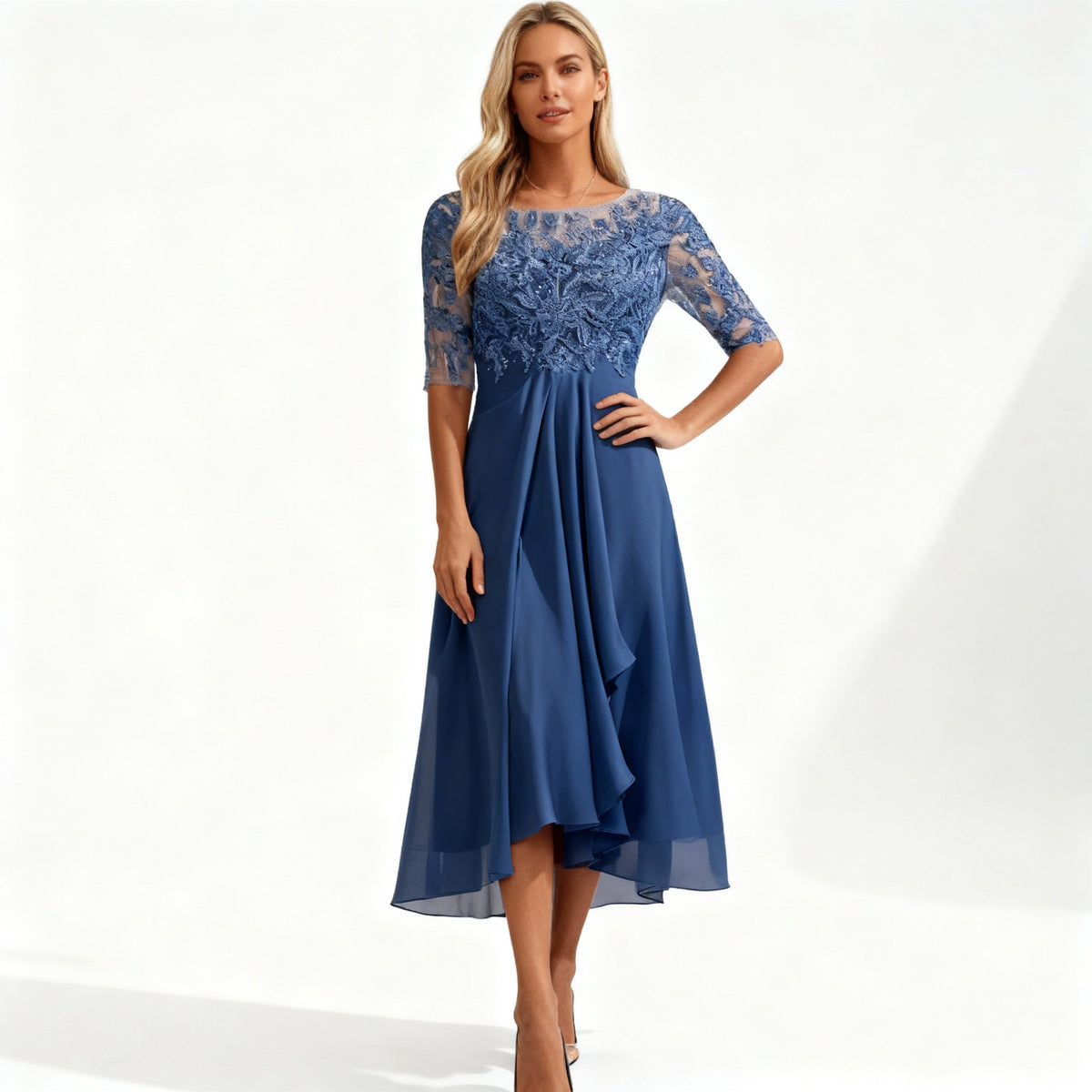 Women's Feminine Chiffon Midi Dress with Flowing Drape