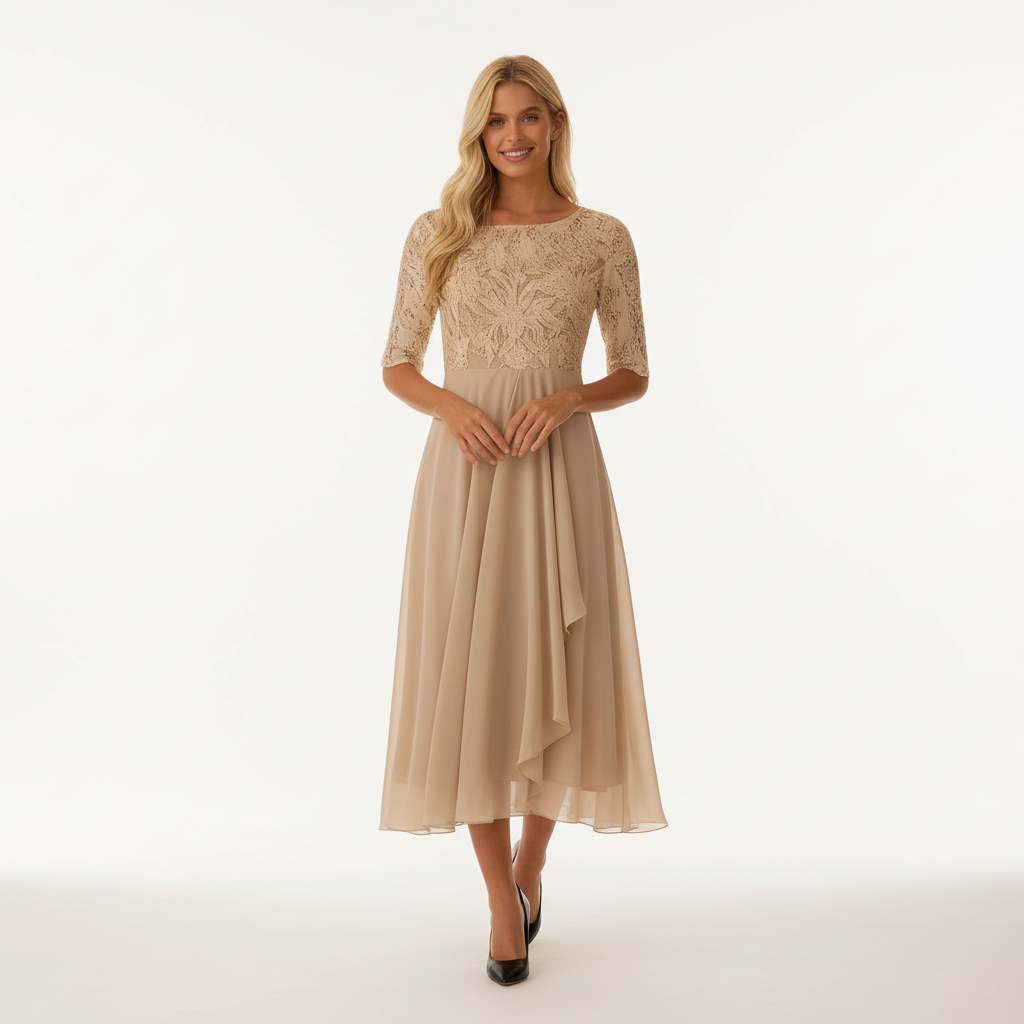 Women's Feminine Chiffon Midi Dress with Flowing Drape