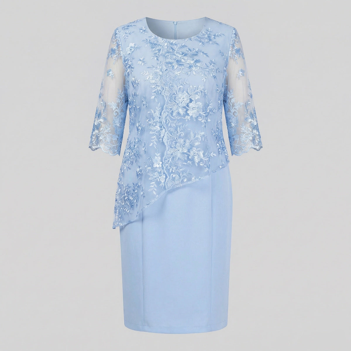 Women's Fitted Lace Midi Dress with 3/4 Sleeves, Illusion Neckline and Floral Embroidery
