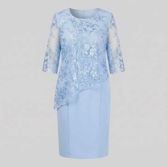 Women's Fitted Lace Midi Dress with 3/4 Sleeves, Illusion Neckline and Floral Embroidery