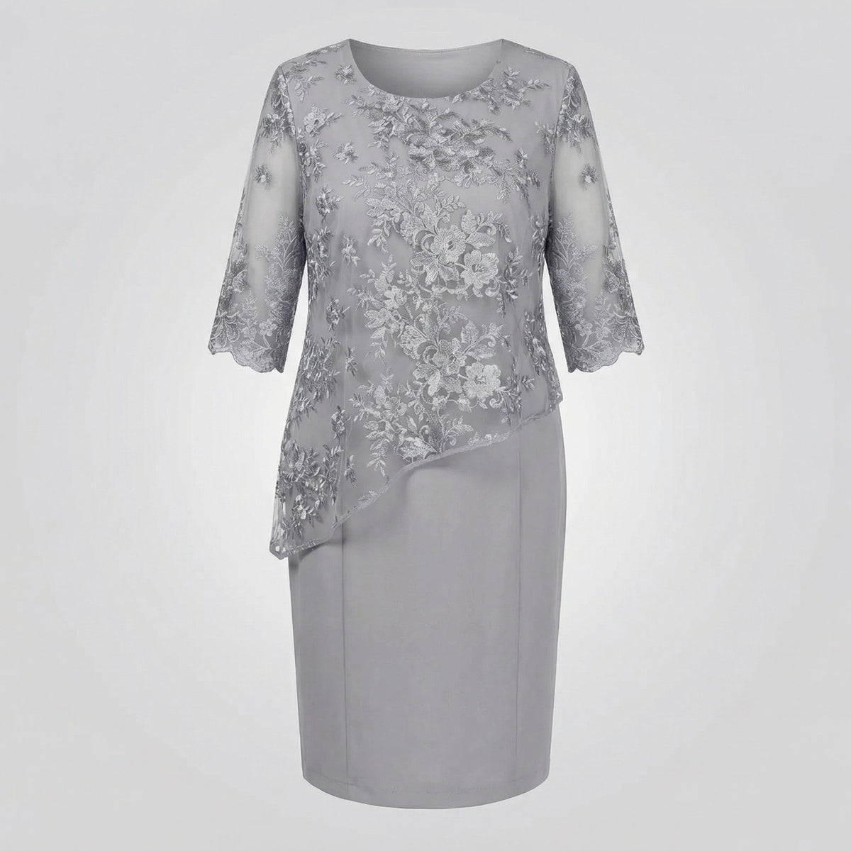 Women's Fitted Lace Midi Dress with 3/4 Sleeves, Illusion Neckline and Floral Embroidery