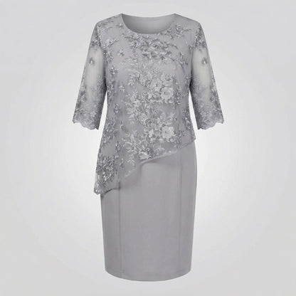 Women's Fitted Lace Midi Dress with 3/4 Sleeves, Illusion Neckline and Floral Embroidery