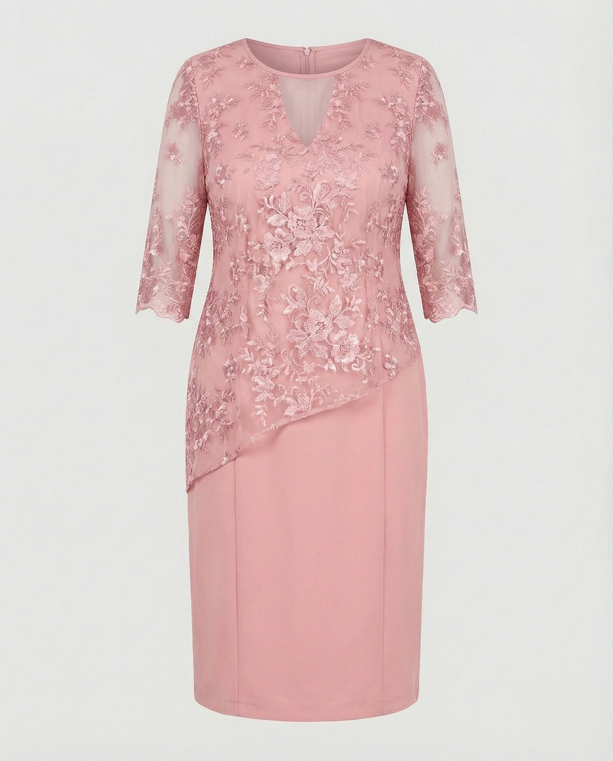 Women's Fitted Lace Midi Dress with 3/4 Sleeves, Illusion Neckline and Floral Embroidery