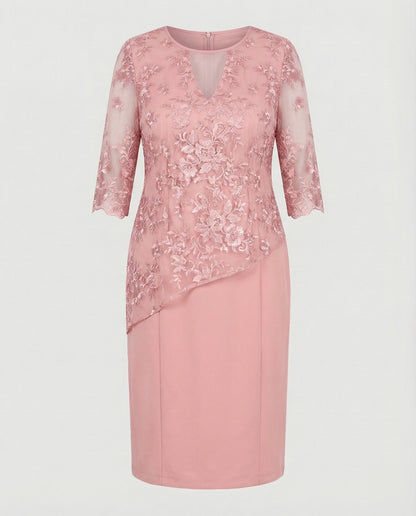 Women's Fitted Lace Midi Dress with 3/4 Sleeves, Illusion Neckline and Floral Embroidery