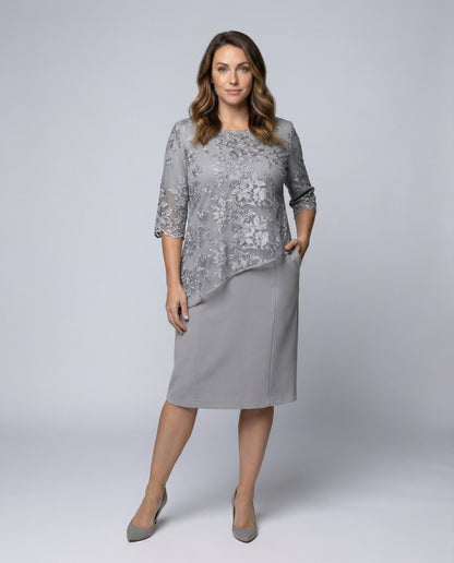 Women's Fitted Lace Midi Dress with 3/4 Sleeves, Illusion Neckline and Floral Embroidery