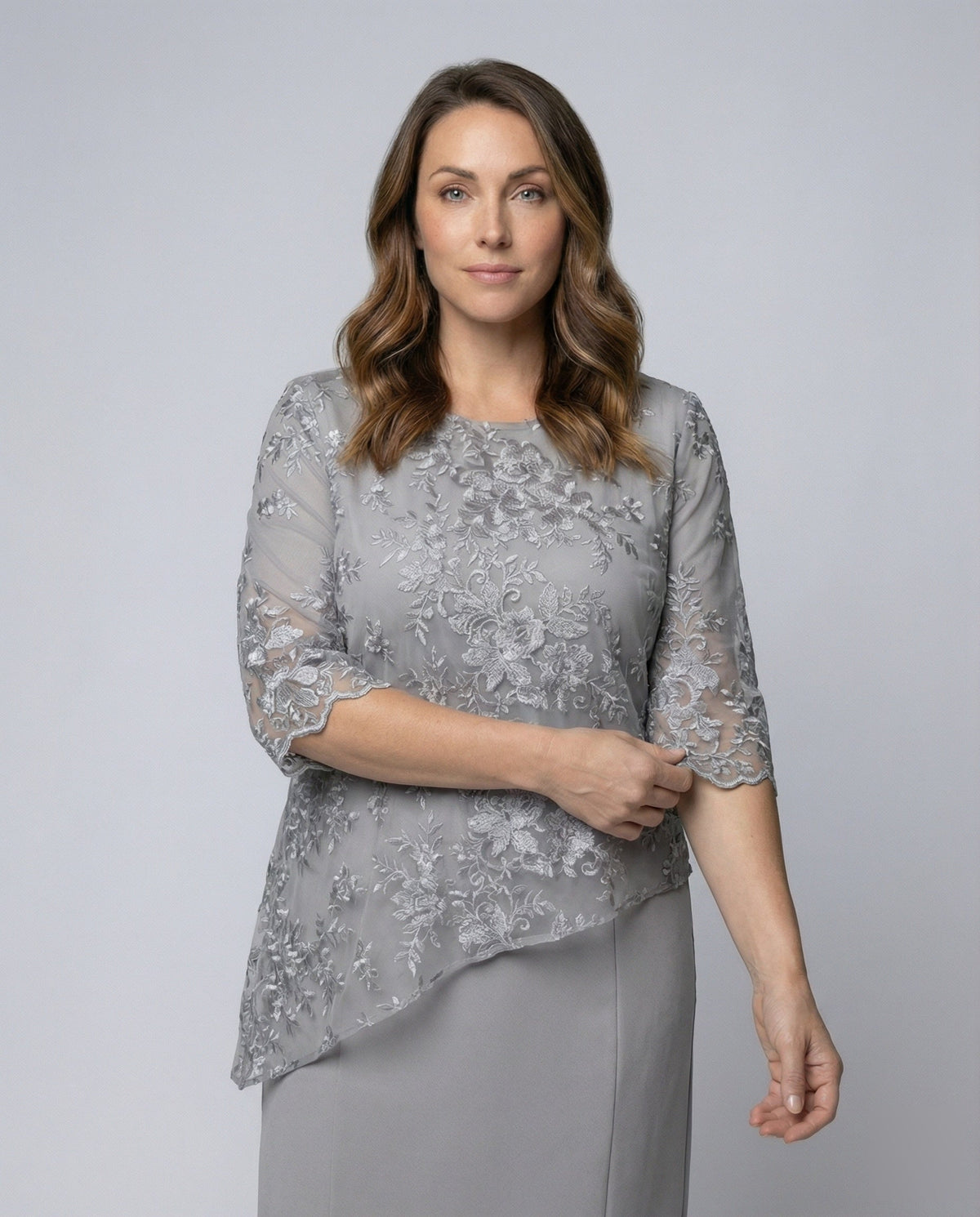 Women's Fitted Lace Midi Dress with 3/4 Sleeves, Illusion Neckline and Floral Embroidery