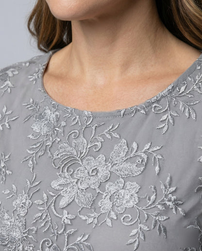 Women's Fitted Lace Midi Dress with 3/4 Sleeves, Illusion Neckline and Floral Embroidery
