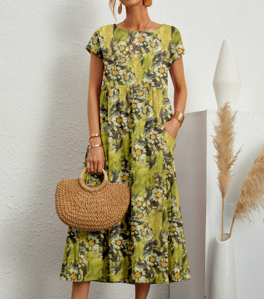 Women's Floral A-Line Midi Dress with Pockets