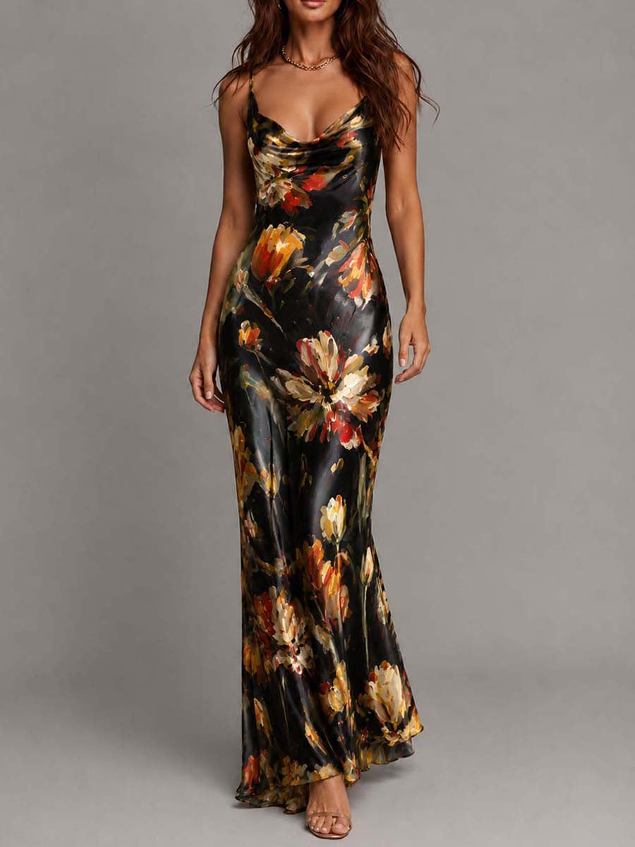 Women's Floral Cowl Neck Maxi Dress with Spaghetti Straps