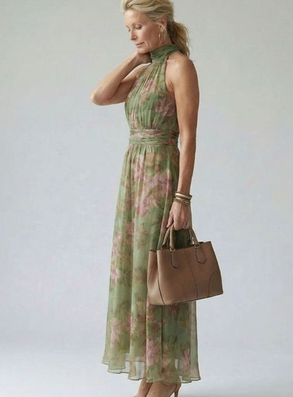 Women's Floral Gathered Halter Maxi Dress with Defined Waist