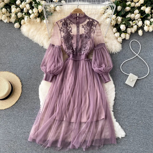 Women's Floral Midi Dress with Lantern Sleeves and Stand Collar for Summer Parties and Special Occasions