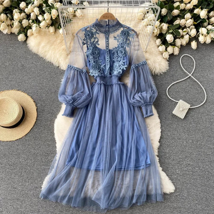 Women's Floral Midi Dress with Lantern Sleeves and Stand Collar for Summer Parties and Special Occasions