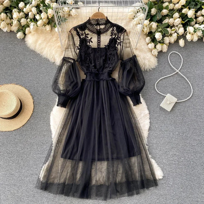 Women's Floral Midi Dress with Lantern Sleeves and Stand Collar for Summer Parties and Special Occasions