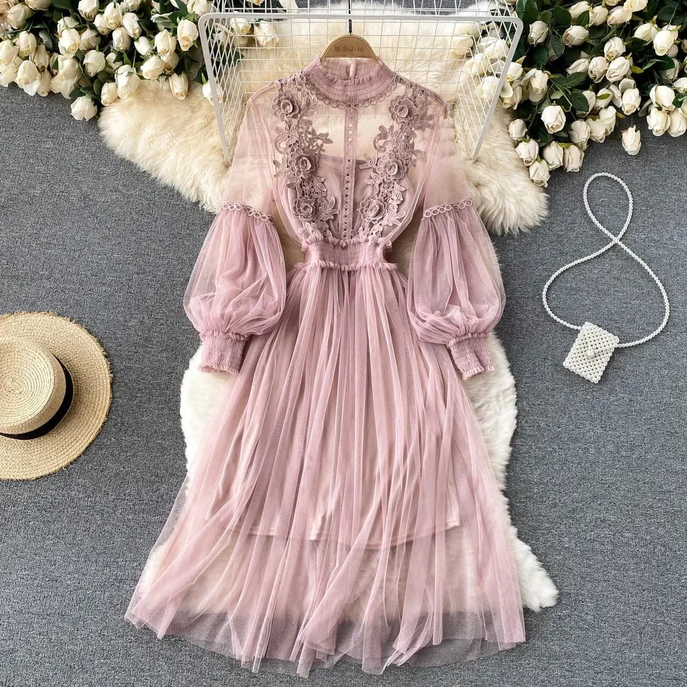 Women's Floral Midi Dress with Lantern Sleeves and Stand Collar for Summer Parties and Special Occasions