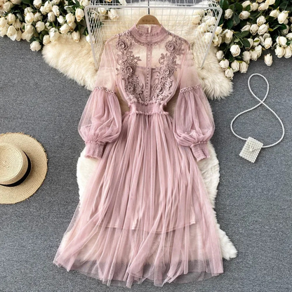 Women's Floral Midi Dress with Lantern Sleeves and Stand Collar for Summer Parties and Special Occasions