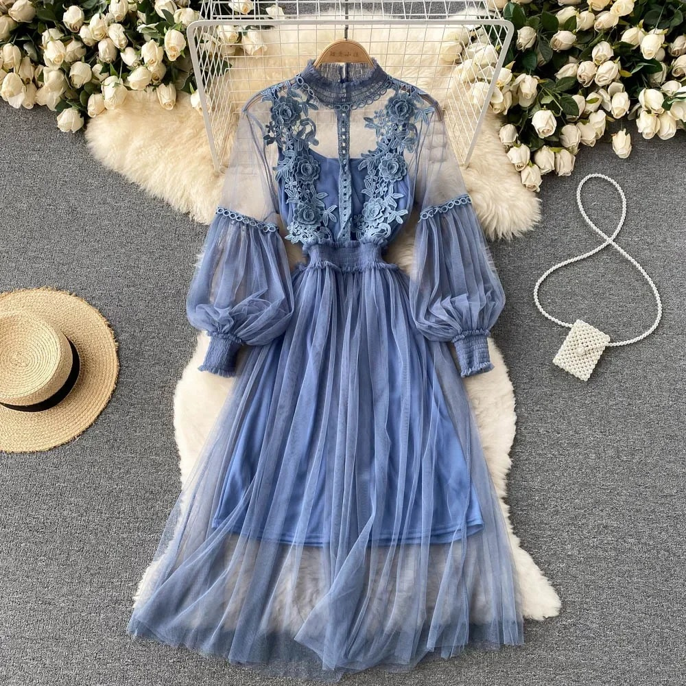 Women's Floral Midi Dress with Lantern Sleeves and Stand Collar for Summer Parties and Special Occasions