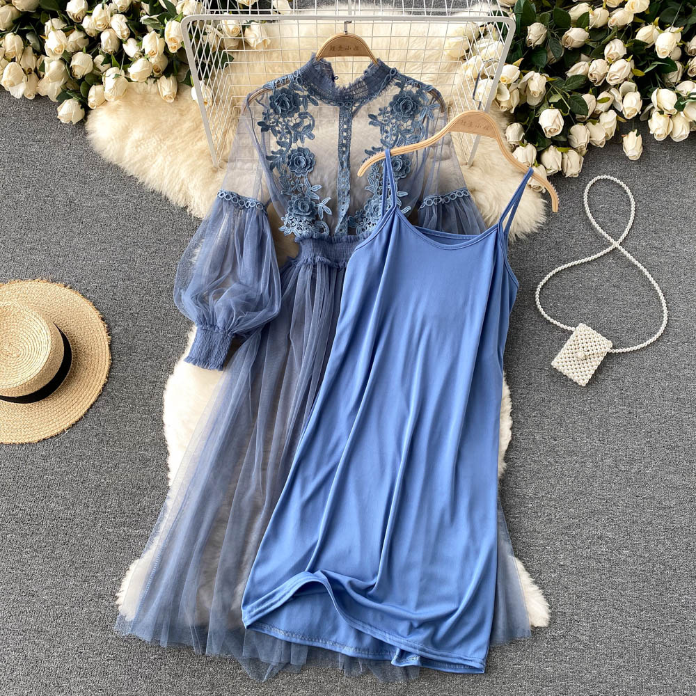 Women's Floral Midi Dress with Lantern Sleeves and Stand Collar for Summer Parties and Special Occasions